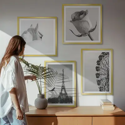 Wall art set featuring a rose, Eiffel Tower, horse, and Ferris wheel in black and white