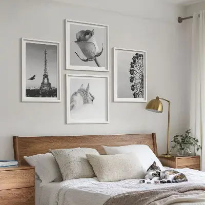 Wall art set featuring a rose, Eiffel Tower, horse, and Ferris wheel in black and white