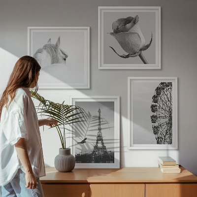 Wall art set Rose Eiffel Tower Horse Ferris Wheel B&W