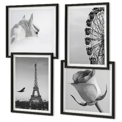 Wall art set featuring a rose, Eiffel Tower, horse, and Ferris wheel in black and white
