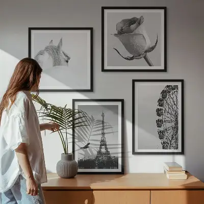 Wall art set featuring a rose, Eiffel Tower, horse, and Ferris wheel in black and white
