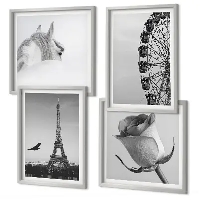 Wall art set featuring a rose, Eiffel Tower, horse, and Ferris wheel in black and white
