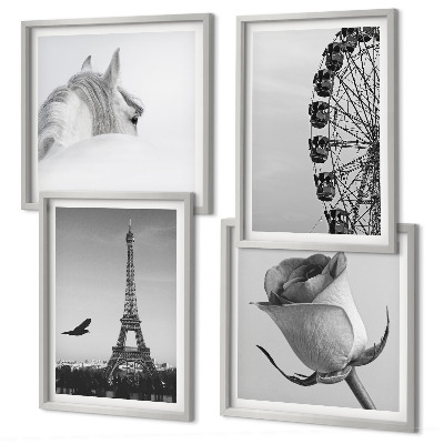 Wall art set Rose Eiffel Tower Horse Ferris Wheel B&W