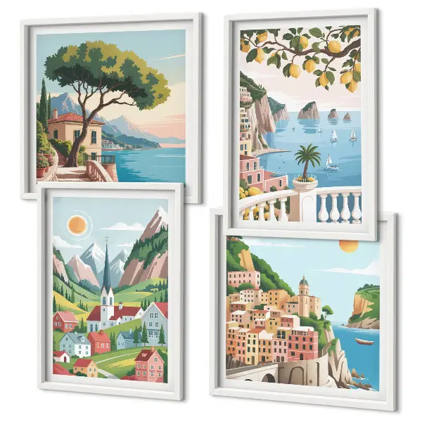 Multi-piece wall decor set featuring sea landscapes and citrus fruits