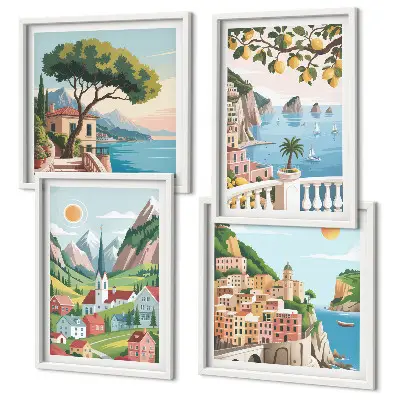 Multi-piece wall decor set featuring sea landscapes and citrus fruits