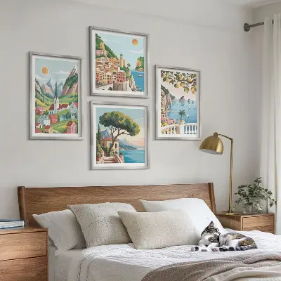 Multi-piece wall decor set featuring sea landscapes and citrus fruits