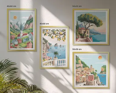Multi-piece wall decor set featuring sea landscapes and citrus fruits