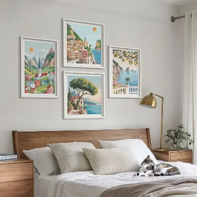 Multi-piece wall decor set featuring sea landscapes and citrus fruits