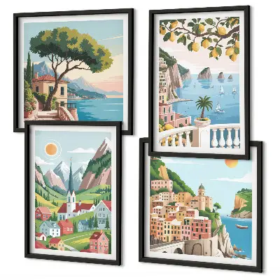 Multi-piece wall decor set featuring sea landscapes and citrus fruits