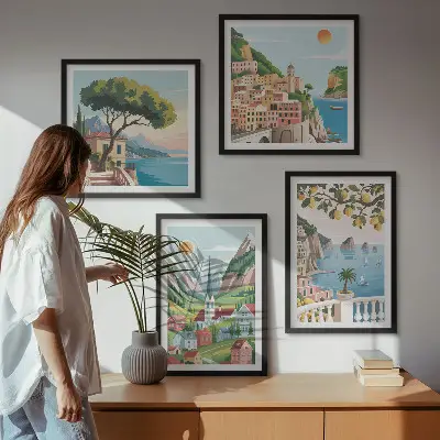 Multi-piece wall decor set featuring sea landscapes and citrus fruits
