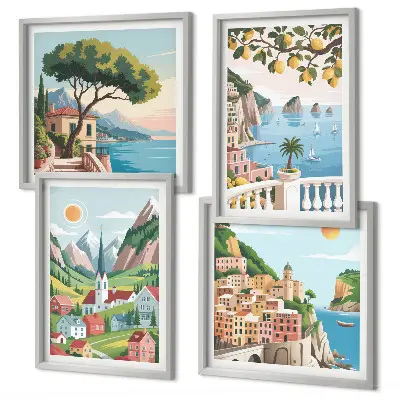 Multi-piece wall decor set featuring sea landscapes and citrus fruits