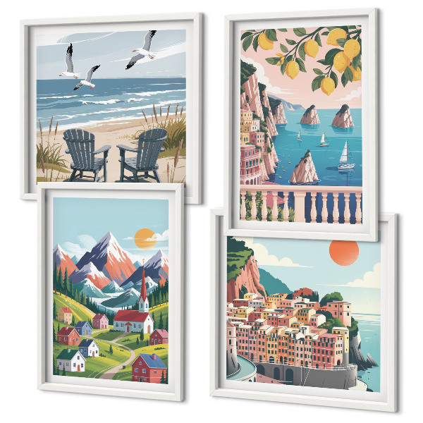 Set of 4 wall art pieces Colorful mountains and coastal cities