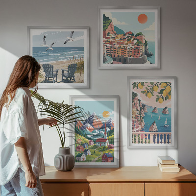Set of 4 wall art pieces Colorful mountains and coastal cities
