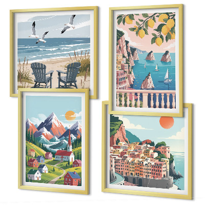 Set of 4 wall art pieces Colorful mountains and coastal cities
