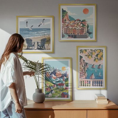 Set of 4 wall art pieces Colorful mountains and coastal cities