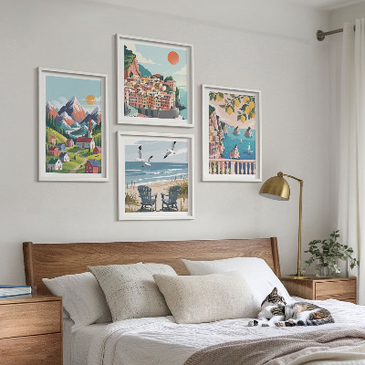 Set of 4 wall art pieces Colorful mountains and coastal cities