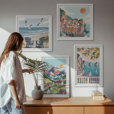 Set of 4 wall art pieces Colorful mountains and coastal cities