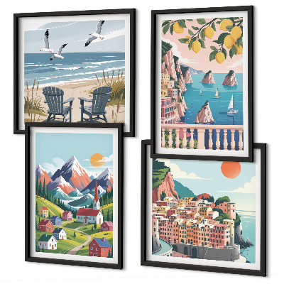 Set of 4 wall art pieces Colorful mountains and coastal cities
