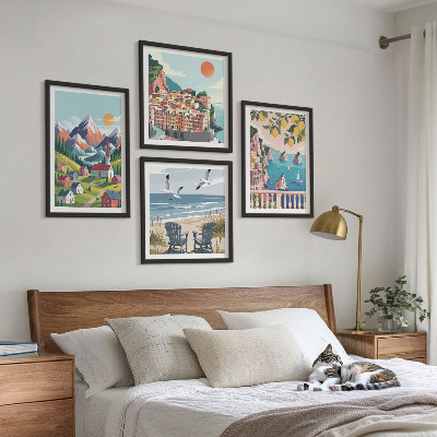 Set of 4 wall art pieces Colorful mountains and coastal cities