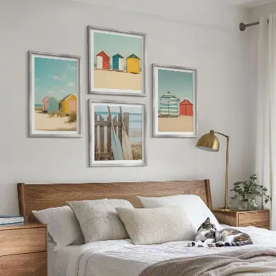 Multi-piece wall decor set featuring colorful beach houses and sun