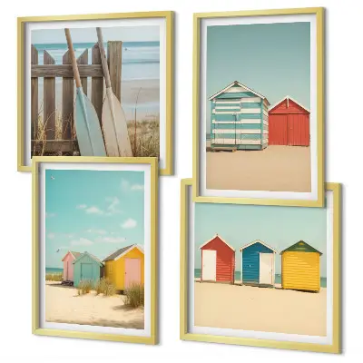 Multi-piece wall decor set featuring colorful beach houses and sun