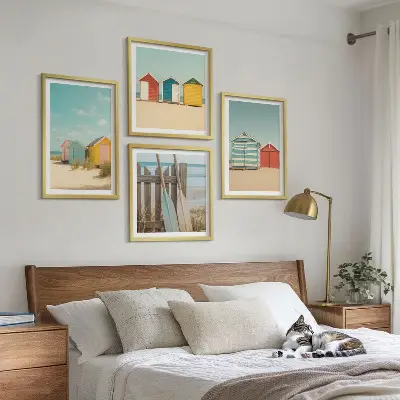 Multi-piece wall decor set featuring colorful beach houses and sun