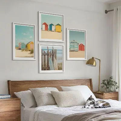 Multi-piece wall decor set featuring colorful beach houses and sun