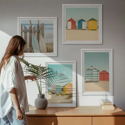 Multi-piece wall decor set featuring colorful beach houses and sun
