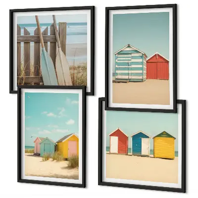 Multi-piece wall decor set featuring colorful beach houses and sun