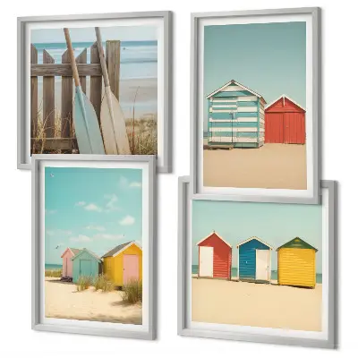 Multi-piece wall decor set featuring colorful beach houses and sun