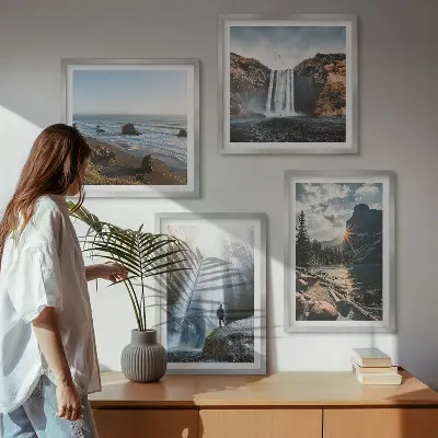 Multi-piece landscape wall decor set featuring waterfalls and mountain scenery