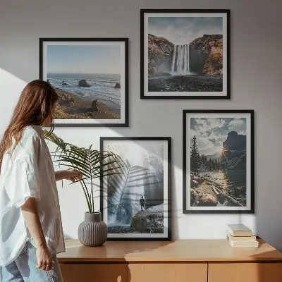 Multi-piece landscape wall decor set featuring waterfalls and mountain scenery
