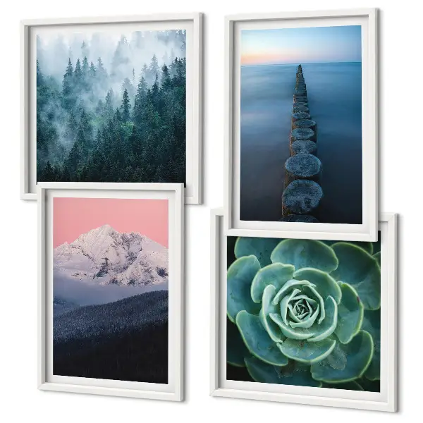 Wall art set featuring a mountain landscape with a pink sky, water, and succulents