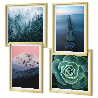 Wall art set featuring a mountain landscape with a pink sky, water, and succulents