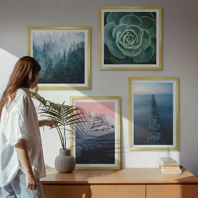 Wall art set featuring a mountain landscape with a pink sky, water, and succulents
