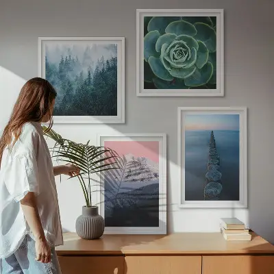 Wall art set featuring a mountain landscape with a pink sky, water, and succulents