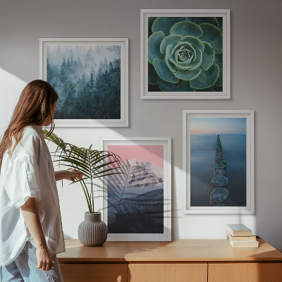 Wall art set Mountains pink sky water succulent