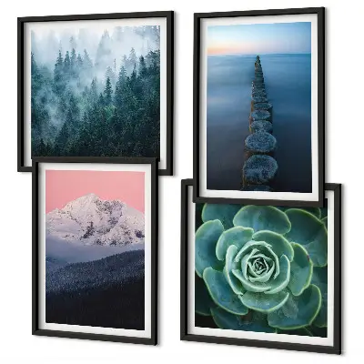 Wall art set featuring a mountain landscape with a pink sky, water, and succulents