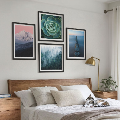 Wall art set Mountains pink sky water succulent