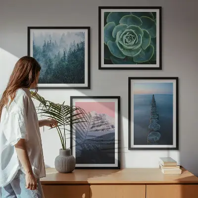 Wall art set featuring a mountain landscape with a pink sky, water, and succulents