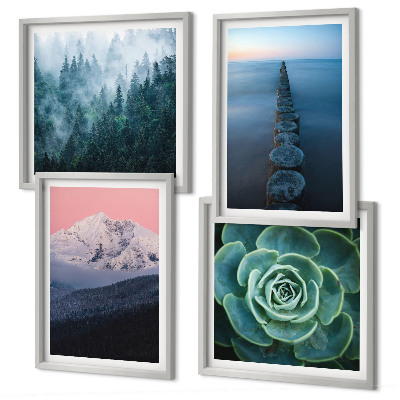 Wall art set Mountains pink sky water succulent