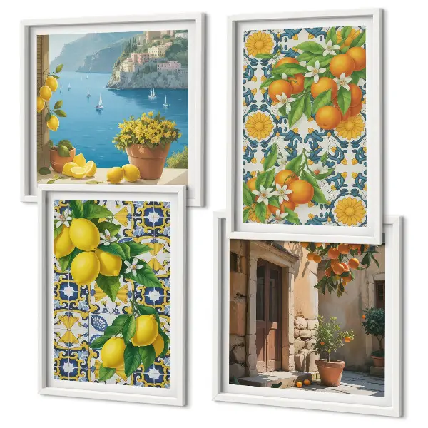 Set of 4 wall art prints featuring lemons, flowers, and oranges with an Italian theme