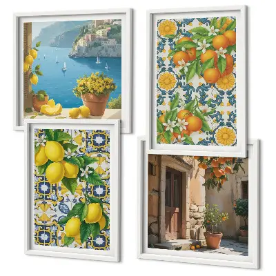 Set of 4 wall art prints featuring lemons, flowers, and oranges with an Italian theme