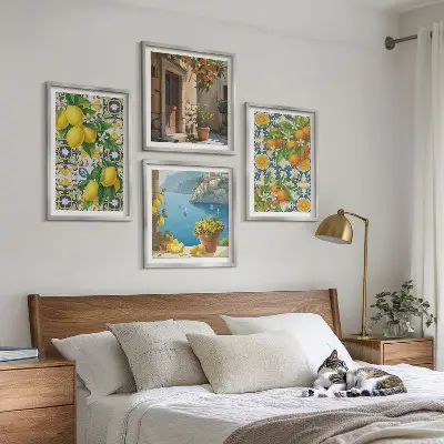 Set of 4 wall art prints featuring lemons, flowers, and oranges with an Italian theme