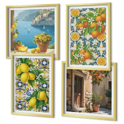 Set of 4 wall art prints featuring lemons, flowers, and oranges with an Italian theme