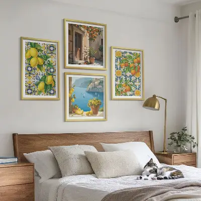 Set of 4 wall art prints featuring lemons, flowers, and oranges with an Italian theme