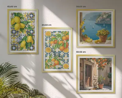 Set of 4 wall art prints featuring lemons, flowers, and oranges with an Italian theme