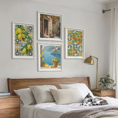 Set of 4 wall art prints featuring lemons, flowers, and oranges with an Italian theme