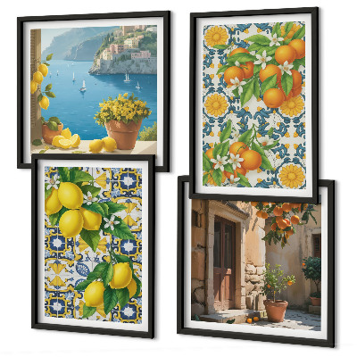 Set of 4 wall art pieces Lemons, flowers, oranges, Italy