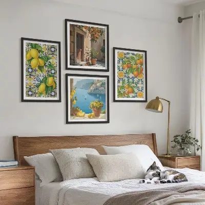 Set of 4 wall art prints featuring lemons, flowers, and oranges with an Italian theme